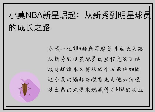 小莫NBA新星崛起：从新秀到明星球员的成长之路